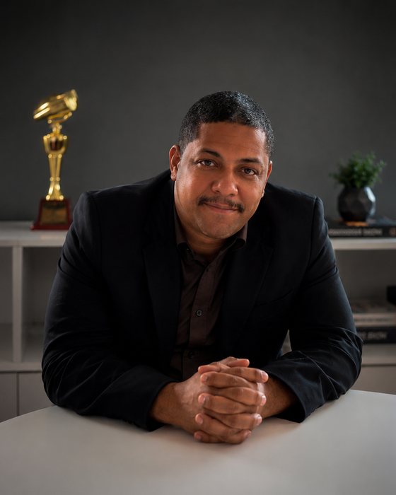 Bruno, estrategista de lançamento, sentado à mesa do escritório com as mãos entrelaçadas